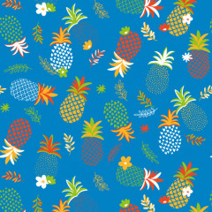 Rouleau papier cadeau bleu avec ananas multicolores