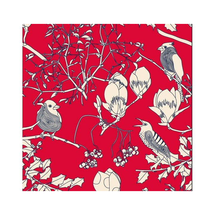 Papier cadeaux rouge motif fleur oiseau hiver printemps rouleau 50 mètres 7374x