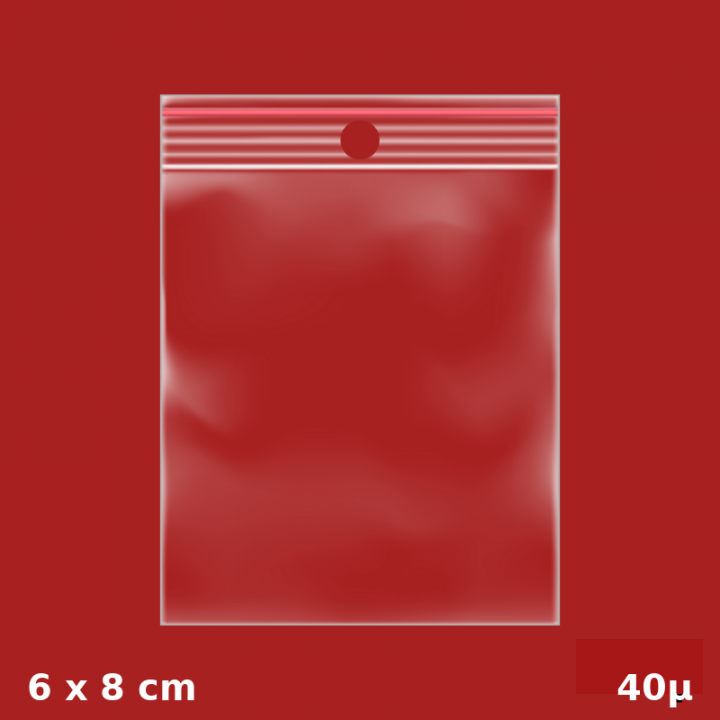 1000 sachets plastiques Zip 60x80 mm 40µ avec trou de suspension