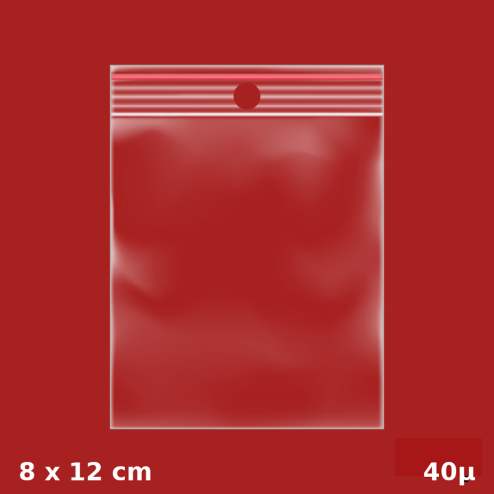 1000 sachets plastiques Zip 80x120 mm 40µ avec trou de suspension
