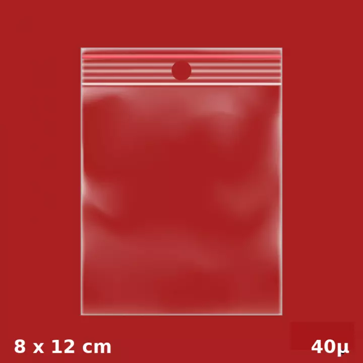 1000 sachets plastiques Zip 80x120 mm 40µ avec trou de suspension