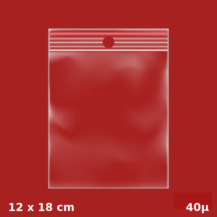 1000 sachets plastiques Zip 120x180 mm 40µ avec trou de suspension