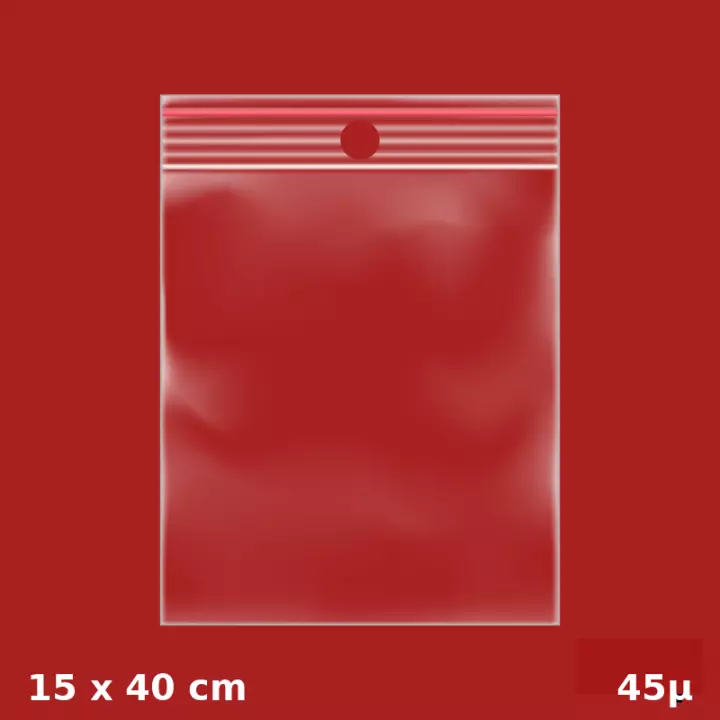 1000 sachets plastiques Zip 150x400 mm 45µ avec trou de suspension