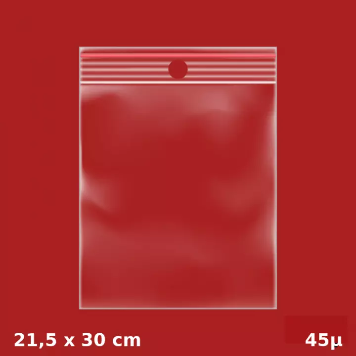 1000 sachets plastiques Zip 215x300 mm 45µ avec trou de suspension
