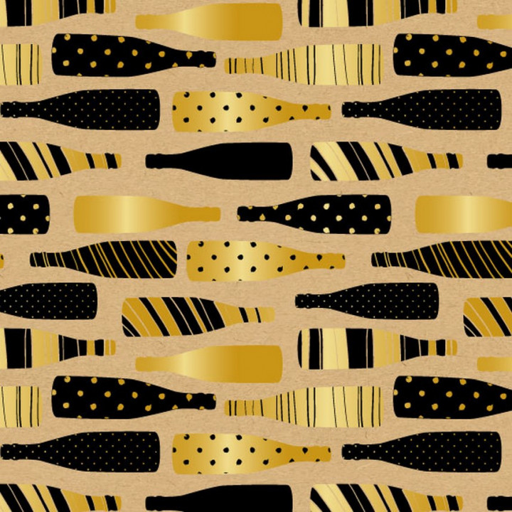 Papier cadeau kraft brun motif bouteille festif or et noir