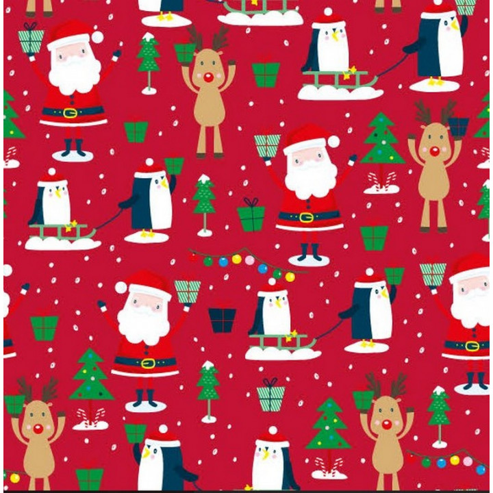 Papier cadeau emballage rouleau 50m 60g joyeux Noël 9134H père Noël cerf pingouins