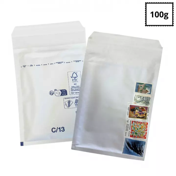 100 enveloppes bulles N°3 blanches pré timbrées lettre verte 100g