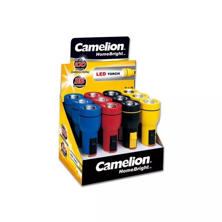 Lot de 12 torches lampes de poches LED Camelion (R20 D) dans display 4 couleurs