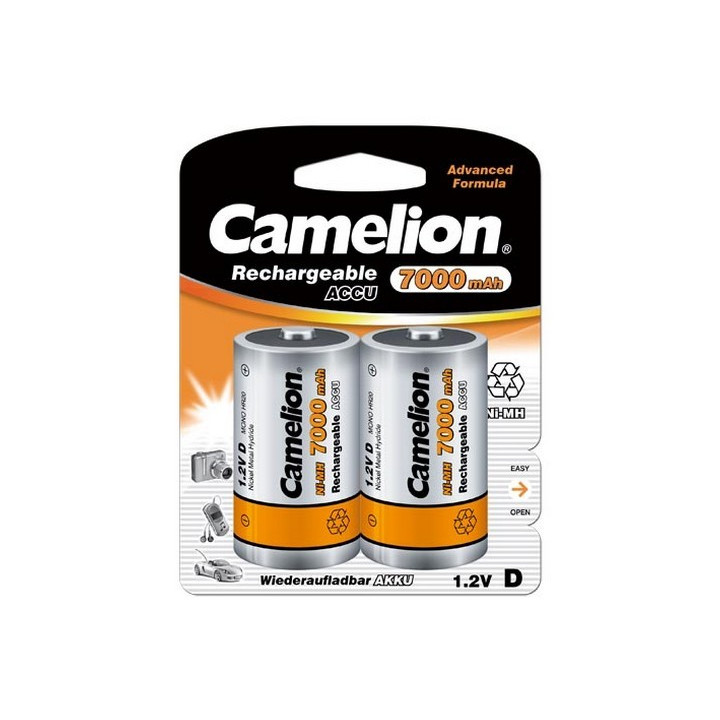 2 accus NI-MH piles rechargeables 1000 fois R20 D HR20 1.2V 7000mah Camelion 