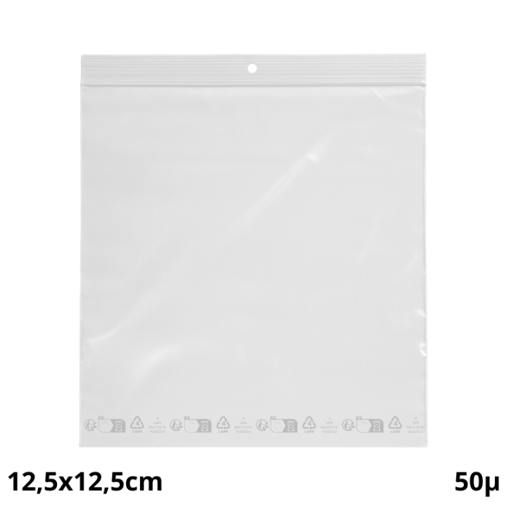 1000 sachets plastiques Zip 125x125 mm avec trou de suspension