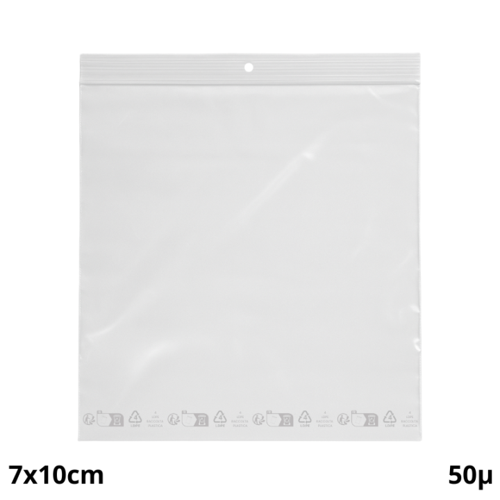 1000 sachets plastiques Zip 70x100 mm avec trou de suspension