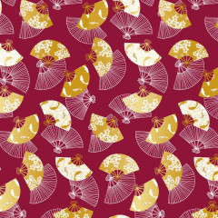 Papier cadeau rouge mat avec éventails brillants, fleurs de cerisier et carpes koï