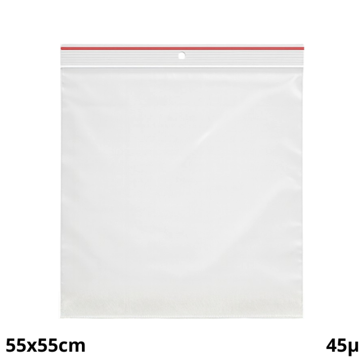 200 sachets plastiques Zip 550x550 mm 45µ avec trou de suspension