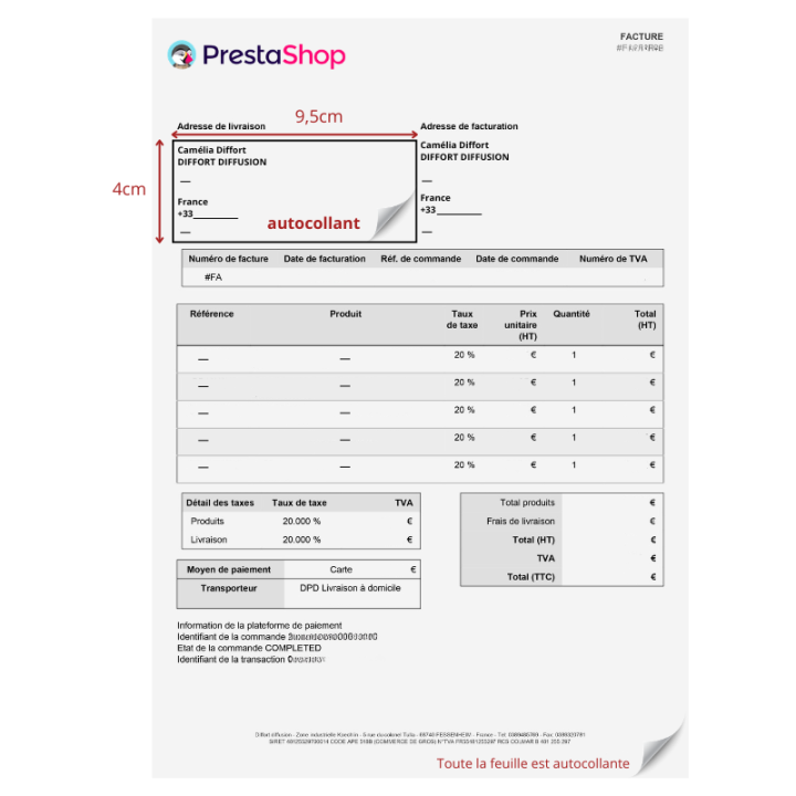 1000 étiquette adhésives intégrées facture PrestaShop 95x40mm