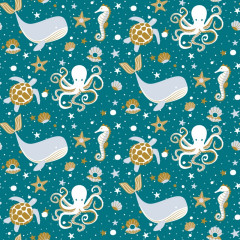 emballage papier cadeau bleu océan tortue baleine pieuvre 50 mètres